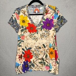 Johnny Was Top Womens S Cream Floral Short Sleeve Tee Viscose Bamboo Boho Artsy‎